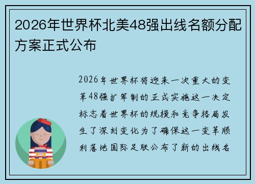 2026年世界杯北美48强出线名额分配方案正式公布