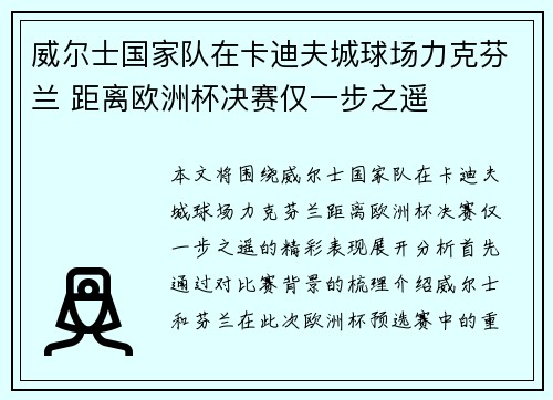 威尔士国家队在卡迪夫城球场力克芬兰 距离欧洲杯决赛仅一步之遥